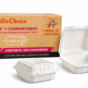 BellaChoice 6"× 6" 1-Compartment Mineral-Filled PP Hinged Container – White – 250/Case