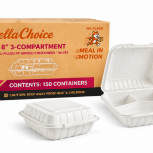 BellaChoice 8"× 8" 3-Compartment Mineral-Filled PP Hinged Container – White – 150/Case
