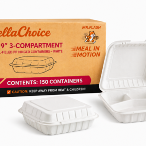 BellaChoice 9"× 9" 3-Compartment Mineral-Filled PP Hinged Container – White – 150/Case